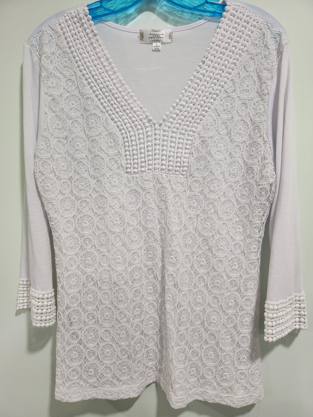 White Crochet V-Neck Tunic Top by Ava & Viv